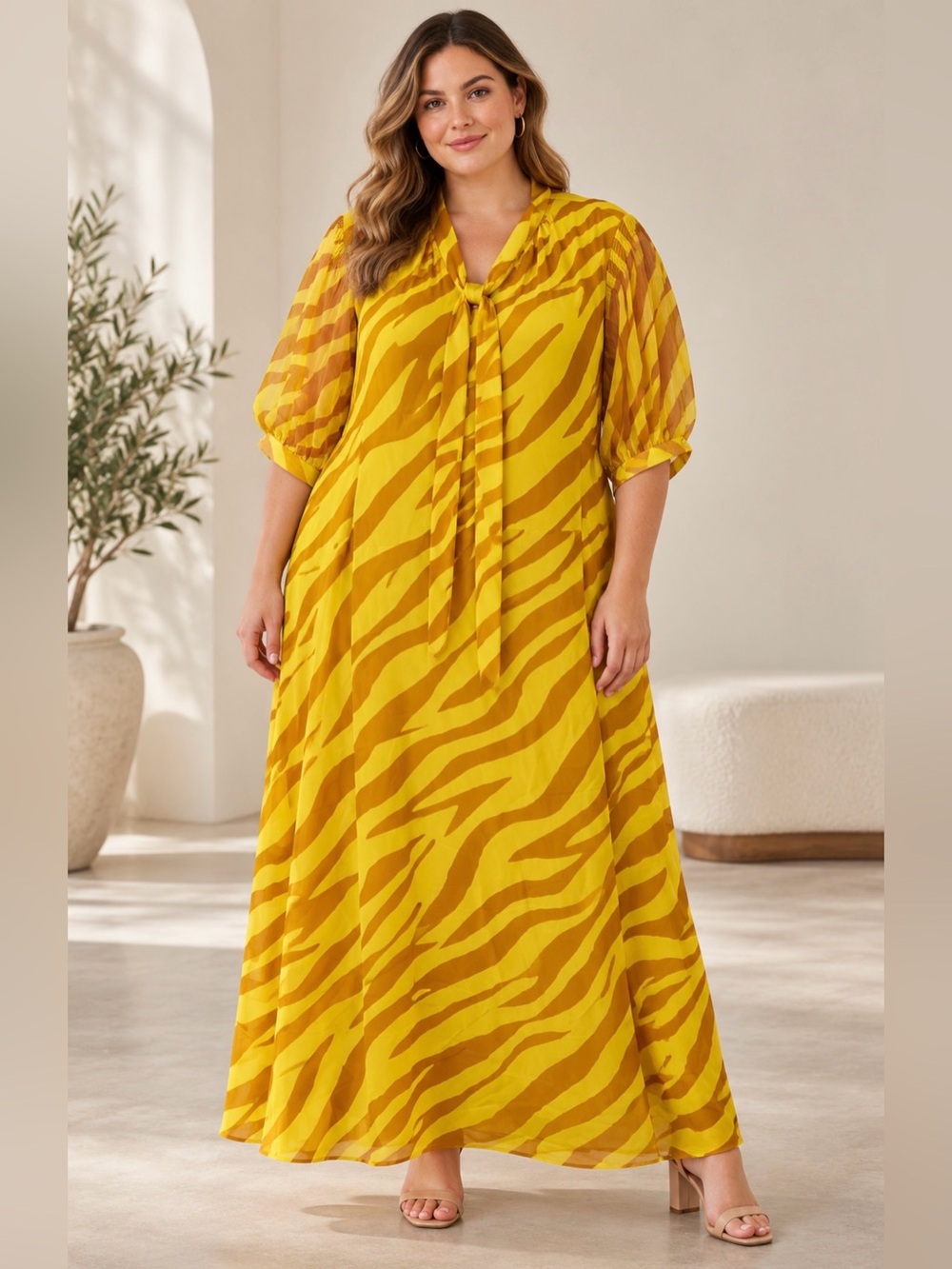Who What Wear Yellow Zebra Print Maxi Dress 4X NWT Tie Neck